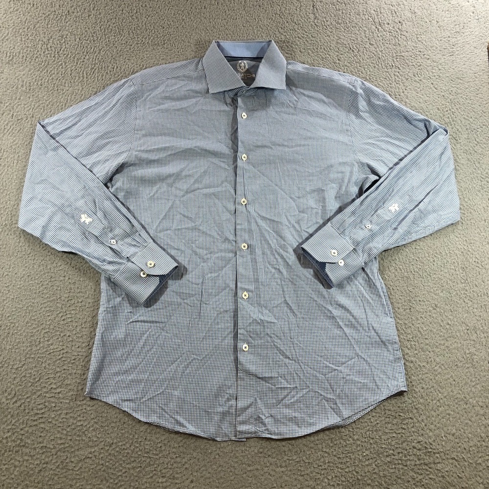 BUgatchi Plaid Men Size 16 34/35 Blue Dress shirt